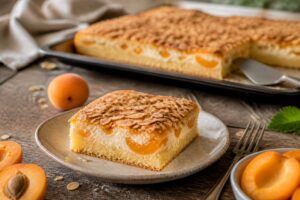 Aprikosen-Bienenstich vom Blech ohne Hefe: goldbraune Mandelkruste, sichtbare Aprikosenhalben und cremige Vanillefüllung im Anschnitt