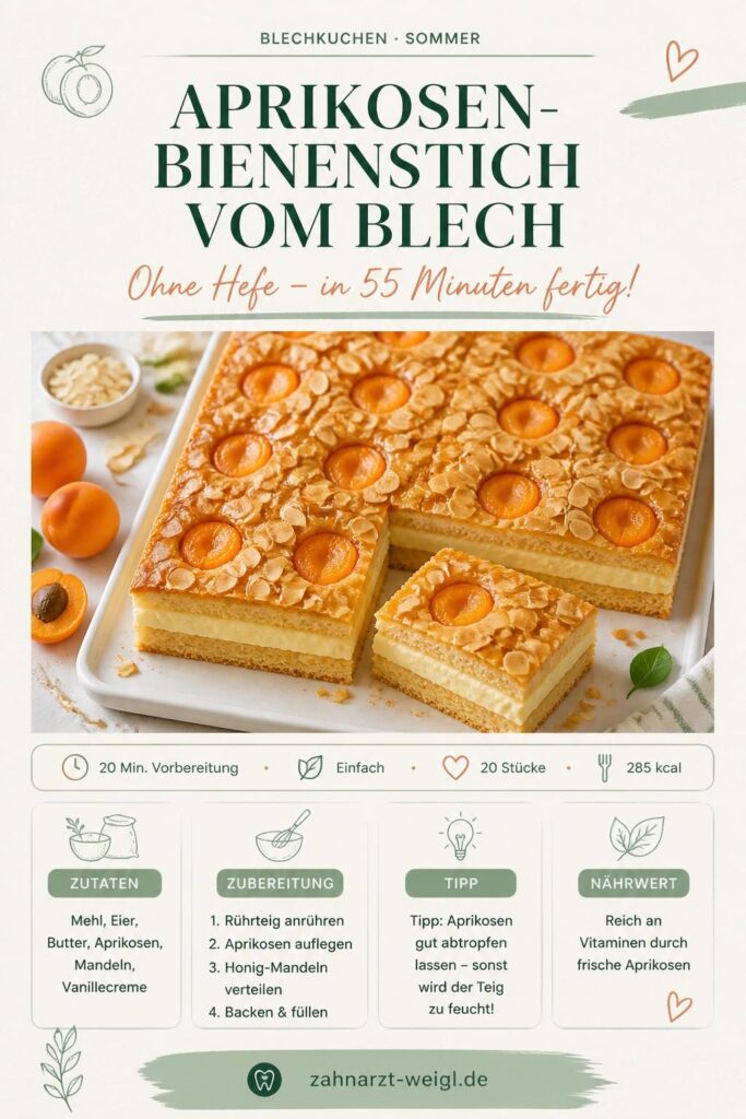 Aprikosen-Bienenstich vom Blech ohne Hefe: goldbraune Mandelkruste, Aprikosenhalben und Vanillecreme – Pinterest-Rezeptkarte