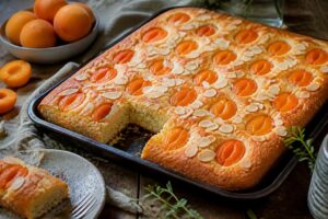 Saftiger Aprikosen-Mandelkuchen vom Blech mit Mandelblättchen, frisch aus dem Ofen, auf einem Holztisch