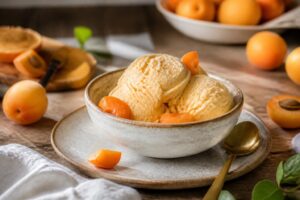 Cremiges Aprikosen-Softeis mit Quark in einer weißen Schüssel, garniert mit frischen Aprikosenstücken und Minzeblättern