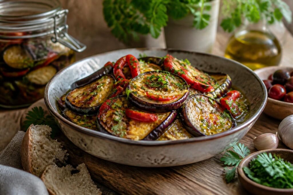 Auberginen-Antipasti aus dem Ofen, in Scheiben geschnitten und mit Kräutern sowie Olivenöl mariniert, angerichtet auf einem Holzbrett
