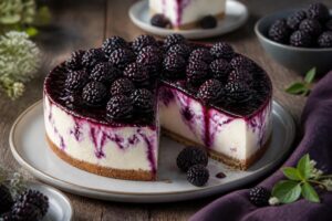Brombeer-Butterkeks-Kuchen ohne Backen auf einem weißen Tortenständer, mit frischen Brombeeren und cremiger Frischkäsecreme auf knusprigem Keksboden