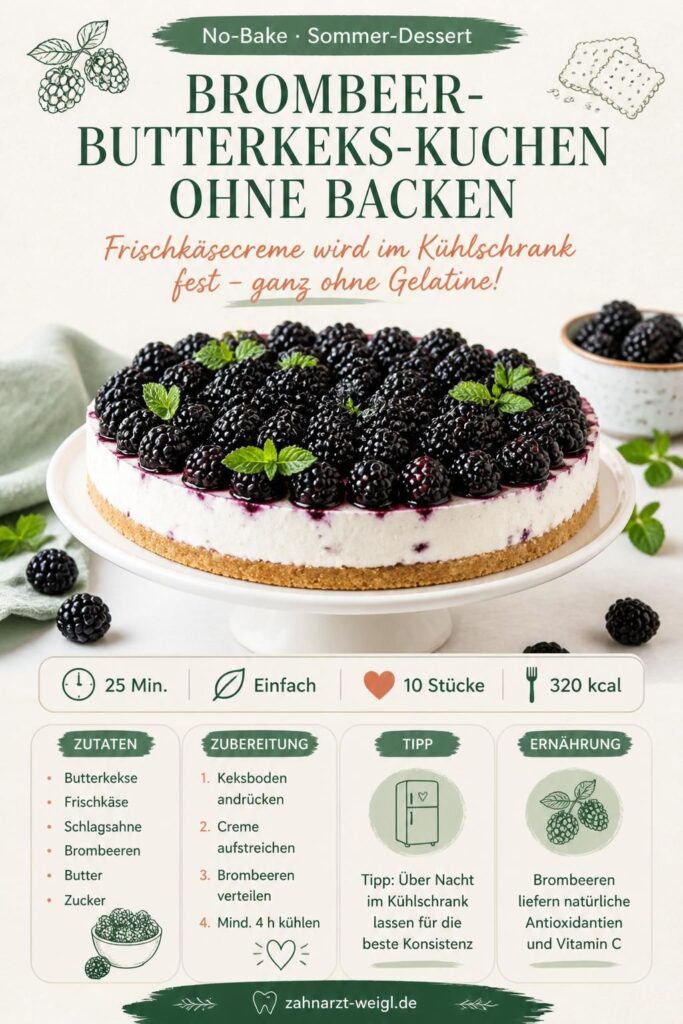 Brombeer-Butterkeks-Kuchen ohne Backen – Pinterest-Grafik mit Rezept und Zutaten