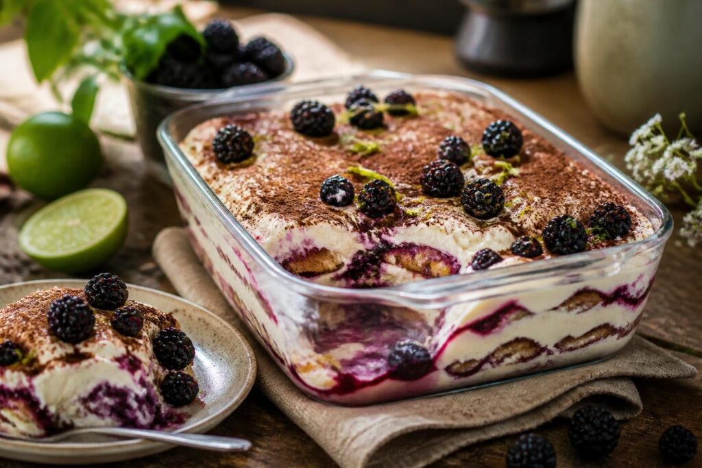 Brombeer-Limetten-Tiramisu ohne Ei in einem Glasbecher, mit frischen Brombeeren und Limettenscheiben garniert, cremige Mascarpone-Schichten sichtbar