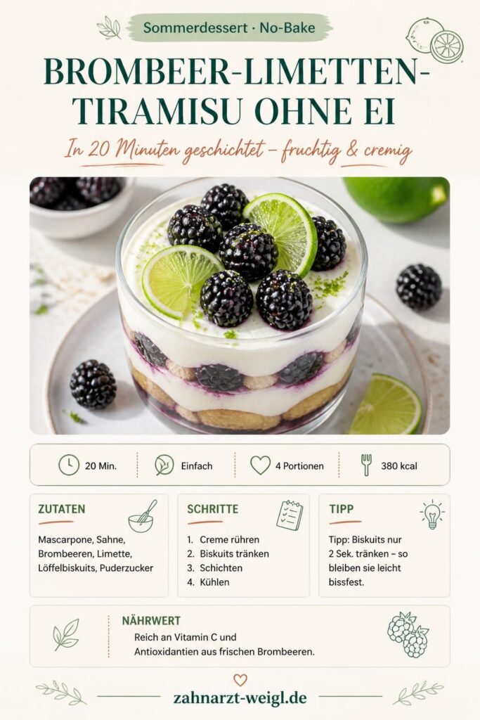 Brombeer-Limetten-Tiramisu ohne Ei in einem Glas, frische Brombeeren und Limettenscheiben als Deko