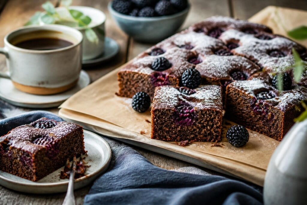 Saftiger Brombeer-Schokoladenkuchen vom Blech, angeschnitten auf einem 30×40-cm-Backblech mit Schokoglasur und frischen Brombeeren