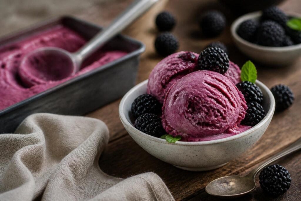 Cremiges Brombeer-Vanilleeis ohne Eismaschine in einer Gefrierbox, garniert mit frischen Brombeeren und Vanilleschote, Draufsicht auf hellem Holzuntergrund