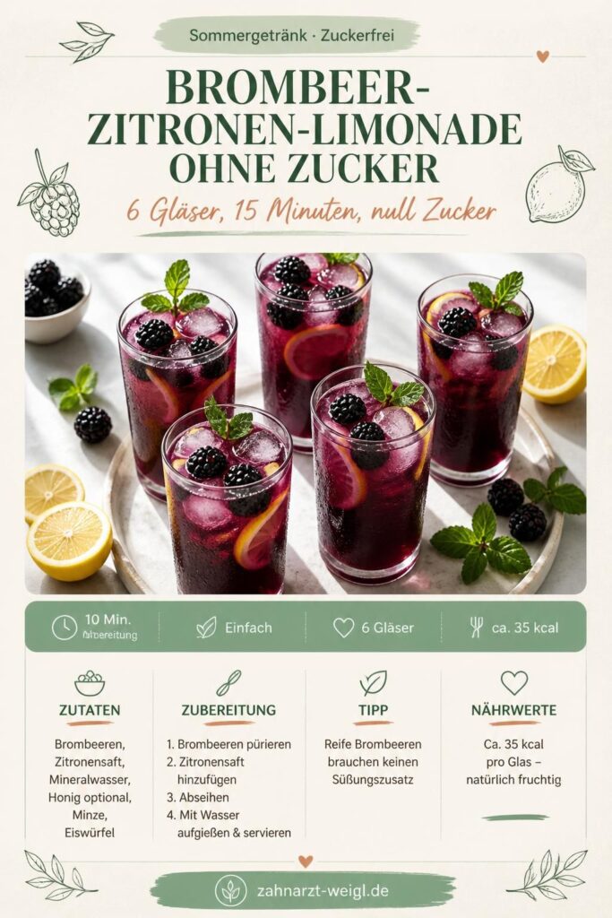 Pinterest-Bild: Brombeer-Zitronen-Limonade ohne Zucker in 6 Gläsern mit Eiswürfeln und Minze