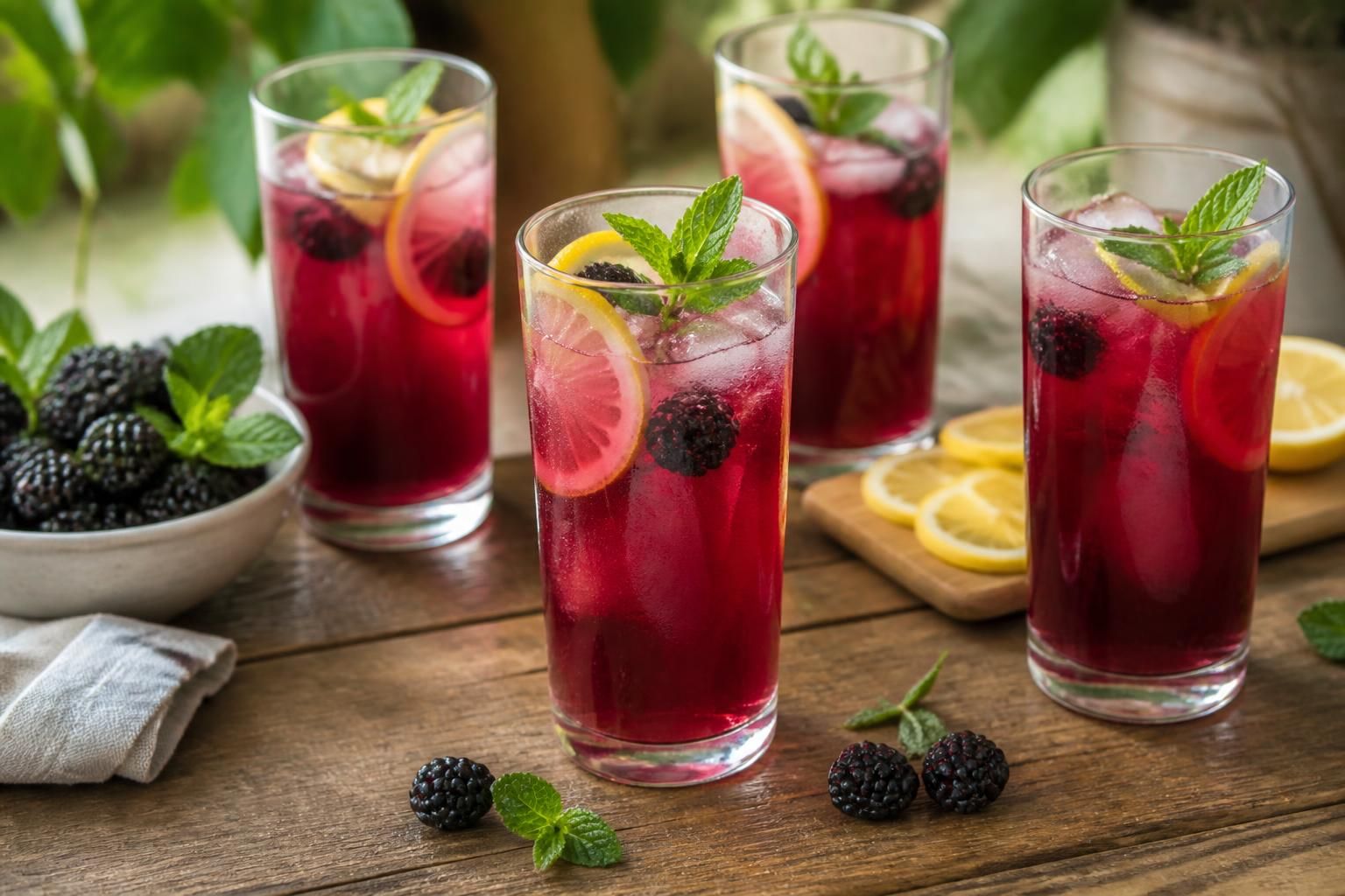 Brombeer-Zitronen-Limonade ohne zusätzlichen Zucker, das Mixer-Rezept reicht für sechs Gläser