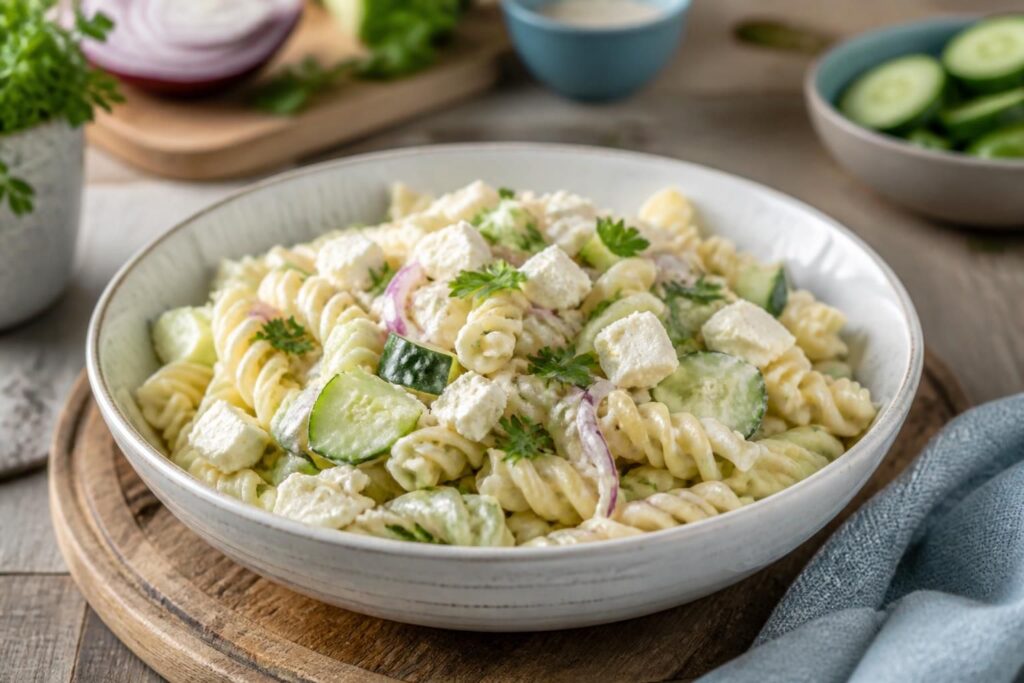 Cremiger Nudelsalat mit Gurke, Feta und Joghurt-Dressing in einer hellen Schüssel, garniert mit frischen Kräutern