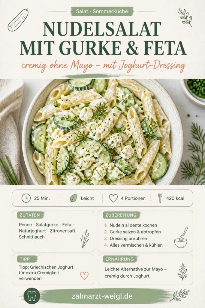 Cremiger Nudelsalat mit Gurke, Feta und Joghurt-Dressing ohne Mayo – Pinterest Rezeptkarte