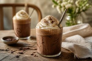Cremige Eisschokolade im hohen Glas mit Schlagsahne und Schokoraspeln, serviert auf einem hellen Holztablett
