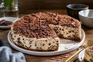 Eissplittertorte ohne Backen mit Schokoladensplittern auf cremiger Sahnecreme und Keksboden, angeschnitten auf einem weißen Teller