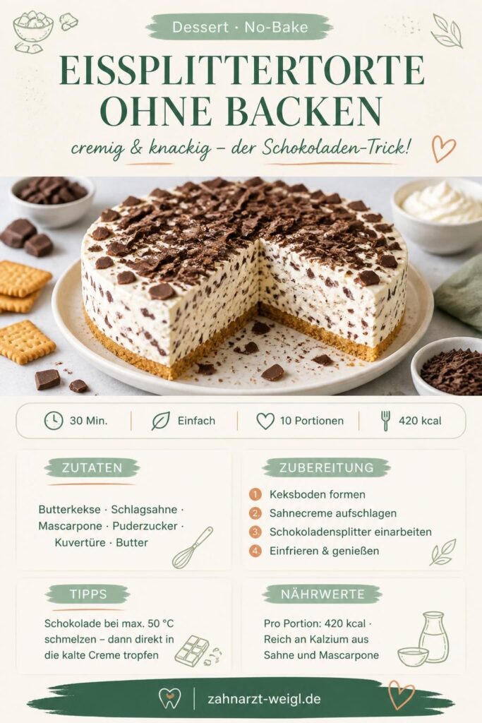 Eissplittertorte ohne Backen mit Schokoladensplittern, angeschnitten – Pinterest-Rezeptkarte