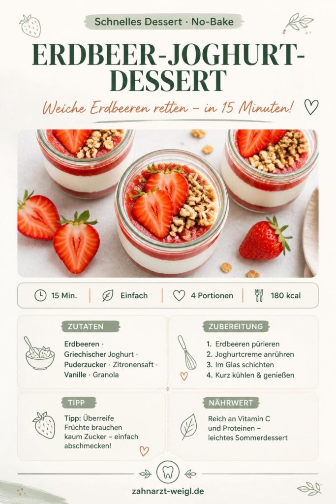 Erdbeer-Joghurt-Dessert im Glas mit Erdbeerpüree und Granola – schnelles No-Bake-Rezept für überreife Erdbeeren