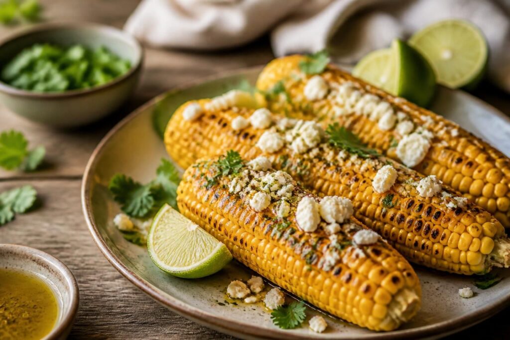Gegrillter Maiskolben mit goldbraunen Röstaromen, bestrichen mit cremiger Feta-Limetten-Würzbutter und frischem Koriander, auf einem rustikalen Holzbrett serviert