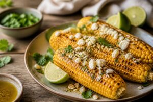 Gegrillter Maiskolben mit goldbraunen Röstaromen, bestrichen mit cremiger Feta-Limetten-Würzbutter und frischem Koriander, auf einem rustikalen Holzbrett serviert