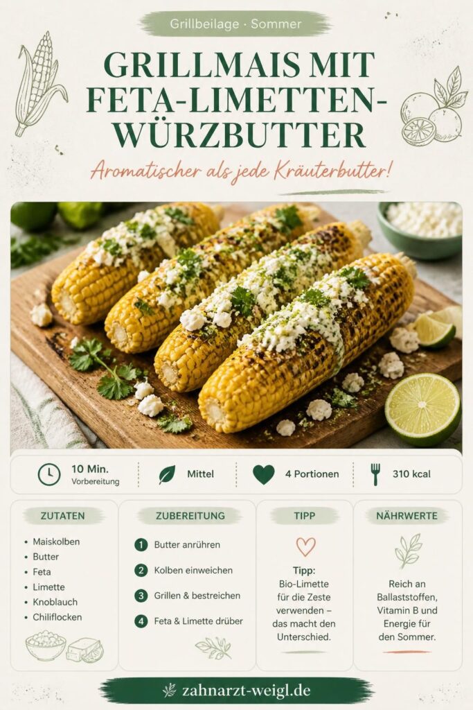 Grillmais mit Feta-Limetten-Würzbutter auf einem Holzbrett, Pinterest-Rezeptbild