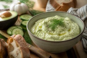 Cremiger Gurken-Avocado-Dip in einer weißen Schüssel, garniert mit frischen Kräutern und Gurkenscheiben, serviert mit Brot und Gemüsesticks auf einem Holzbrett