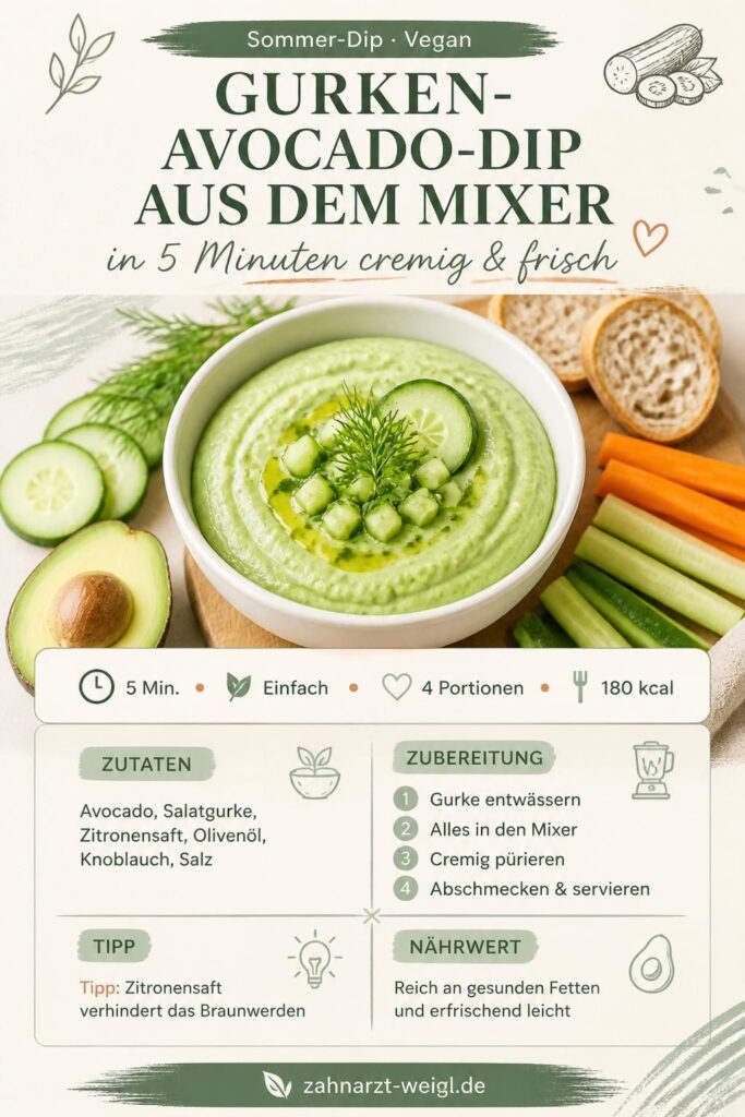 Cremiger Gurken-Avocado-Dip aus dem Mixer in einer weißen Schüssel, garniert mit Kräutern und Gurkenscheiben