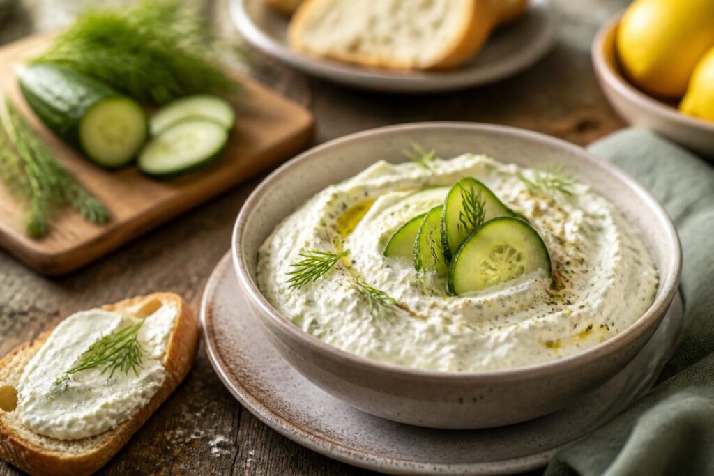 Gurken-Feta-Creme in einer Schüssel, garniert mit frischem Dill, Olivenöl und Gurkenscheiben, auf einem Holzbrett mit Baguettescheiben