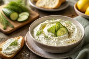 Gurken-Feta-Creme in einer Schüssel, garniert mit frischem Dill, Olivenöl und Gurkenscheiben, auf einem Holzbrett mit Baguettescheiben
