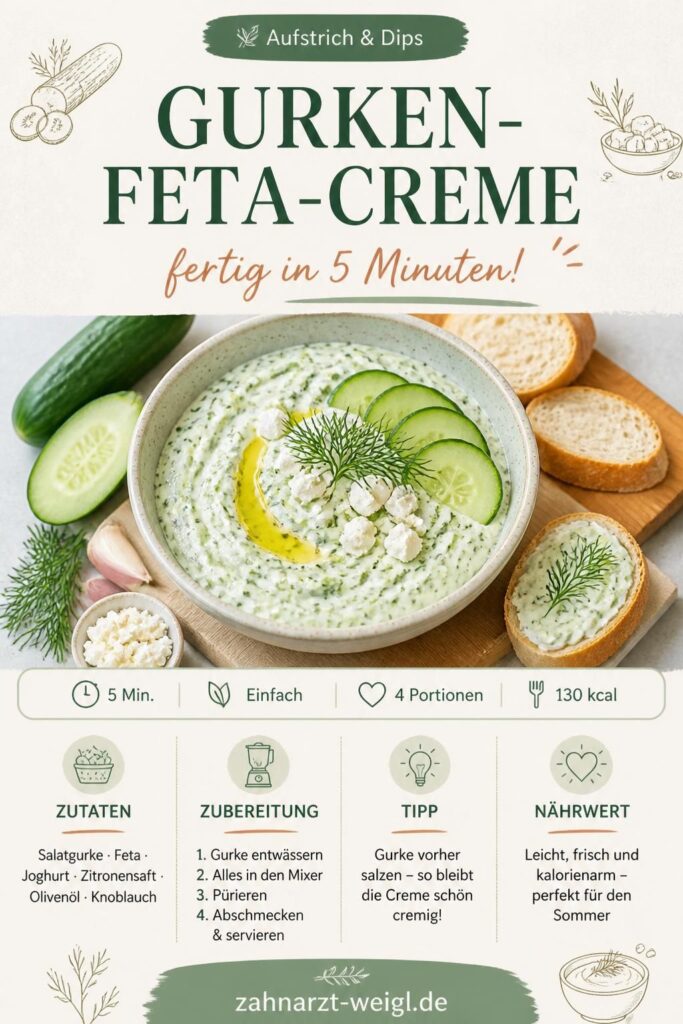 Gurken-Feta-Creme aus dem Mixer auf einem Holzbrett mit Baguette und frischem Dill – Pinterest-Pin
