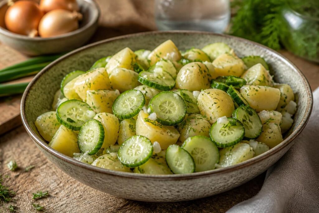 Kalter Gurken-Kartoffelsalat mit Brühe in einer hellen Schüssel, garniert mit Schnittlauch und Gurken-Scheiben, von oben fotografiert