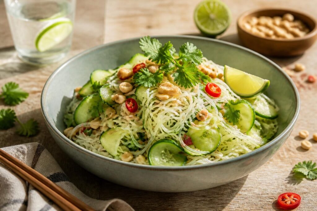 Gurken-Reisnudel-Salat mit Erdnuss-Limetten-Dressing in einer hellen Schüssel, garniert mit gerösteten Erdnüssen, Frühlingszwiebeln und frischen Limettenscheiben
