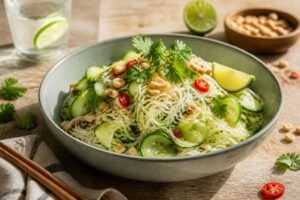 Gurken-Reisnudel-Salat mit Erdnuss-Limetten-Dressing in einer hellen Schüssel, garniert mit gerösteten Erdnüssen, Frühlingszwiebeln und frischen Limettenscheiben