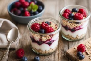 Hafer-Joghurt-Dessert mit frischen Beeren im Glas, ohne Backen und ohne Zucker, cremig geschichtet auf hellem Hintergrund
