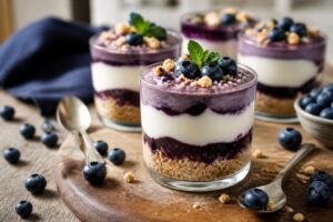 Heidelbeer-Mascarpone-Dessert ohne Gelatine im Glas, löffelfeste Creme mit Heidelbeerpüree, von oben fotografiert auf hellem Holzuntergrund