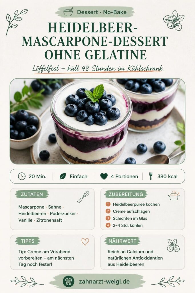 Heidelbeer-Mascarpone-Dessert ohne Gelatine im Glas, löffelfeste Creme mit Heidelbeerpüree