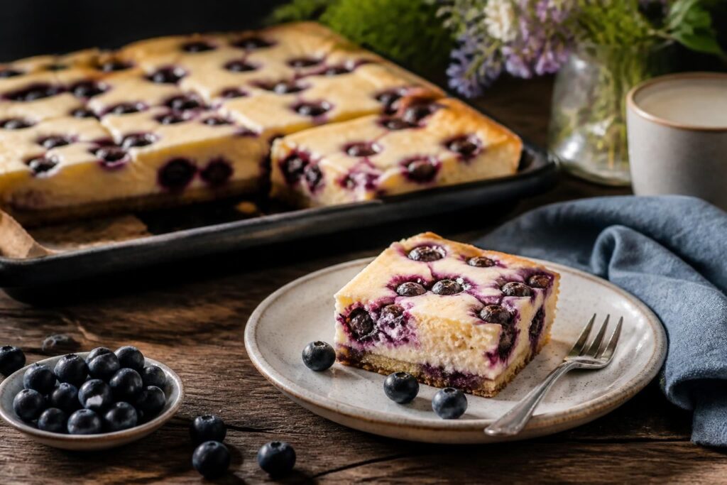 Heidelbeer-Quark-Kuchen vom Blech mit saftigem Quark-Belag und frischen Heidelbeeren, in Stücke geschnitten auf einem Backblech