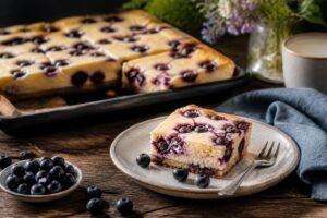 Heidelbeer-Quark-Kuchen vom Blech mit saftigem Quark-Belag und frischen Heidelbeeren, in Stücke geschnitten auf einem Backblech