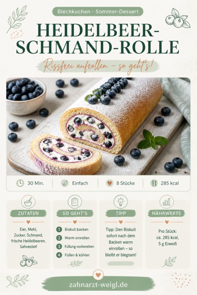 Heidelbeer-Schmand-Rolle vom Blech, aufgeschnitten mit sichtbarer Creme-Füllung und frischen Heidelbeeren