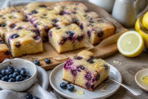 Heidelbeer-Zitronen-Blechkuchen mit Zitronenglasur und frischen Blaubeeren, angeschnitten auf einem hellen Holzbrett