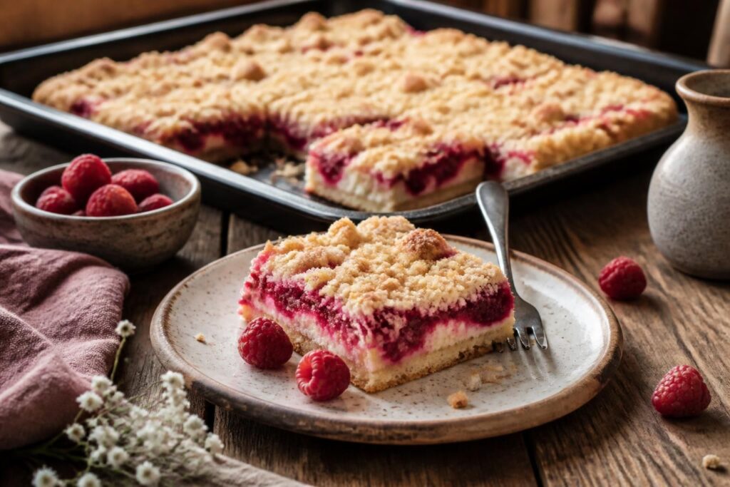 Himbeer-Quark-Streuselkuchen vom Blech mit goldbraunen Streuseln und frischen Himbeeren, angeschnitten auf einem Backblech