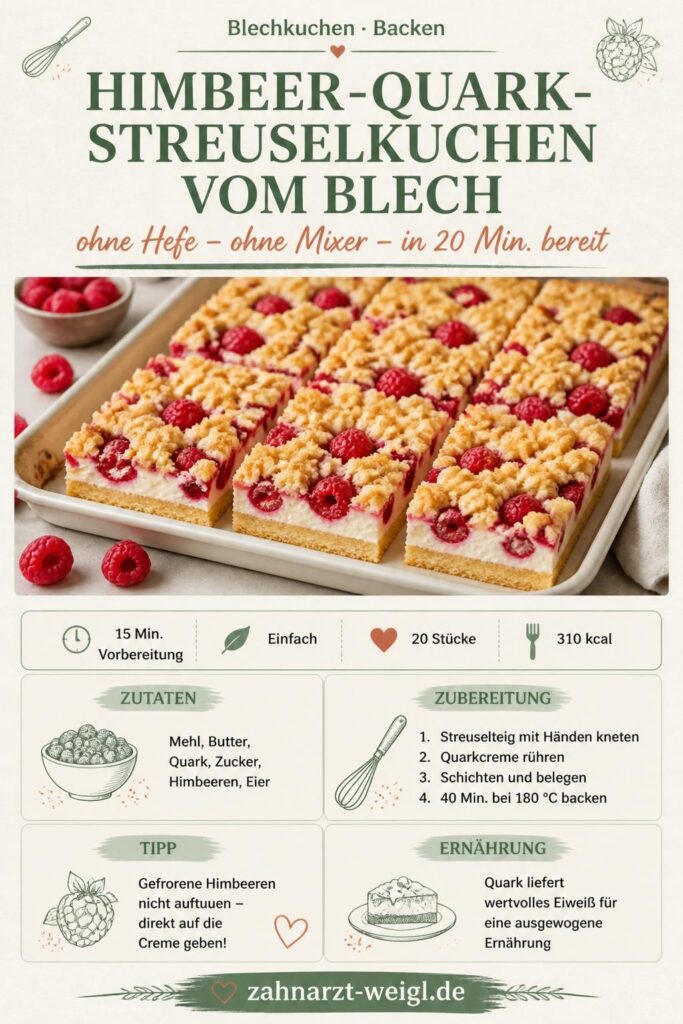 Himbeer-Quark-Streuselkuchen vom Blech ohne Hefe – Pinterest-Rezeptbild