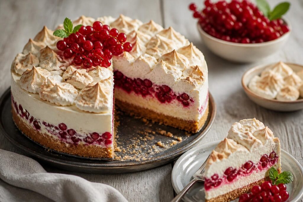 Johannisbeer-Baiser-Torte ohne Backen auf einer weißen Tortenplatte, mit roter Johannisbeercreme, knusprigen Baiserschalen und frischen roten Johannisbeeren als Dekoration
