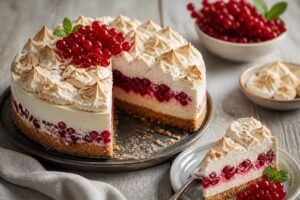 Johannisbeer-Baiser-Torte ohne Backen auf einer weißen Tortenplatte, mit roter Johannisbeercreme, knusprigen Baiserschalen und frischen roten Johannisbeeren als Dekoration