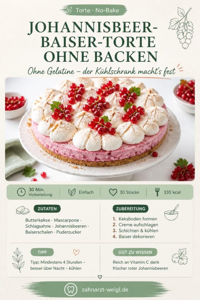 Johannisbeer-Baiser-Torte ohne Backen auf weißer Tortenplatte, mit roter Creme und Baiserschalen