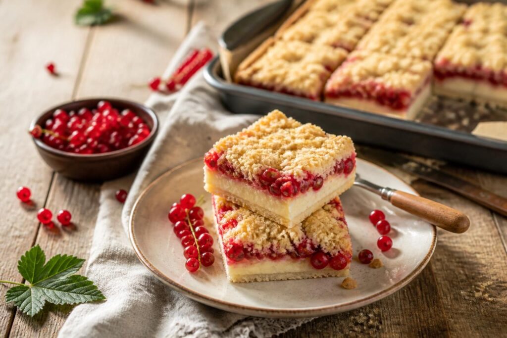 Johannisbeer-Puddingstreusel vom Blech mit goldbraunen Butterstreuseln, cremiger Vanillepuddingschicht und roten Johannisbeeren, frisch aus dem Ofen