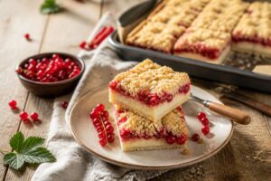 Johannisbeer-Puddingstreusel vom Blech mit goldbraunen Butterstreuseln, cremiger Vanillepuddingschicht und roten Johannisbeeren, frisch aus dem Ofen