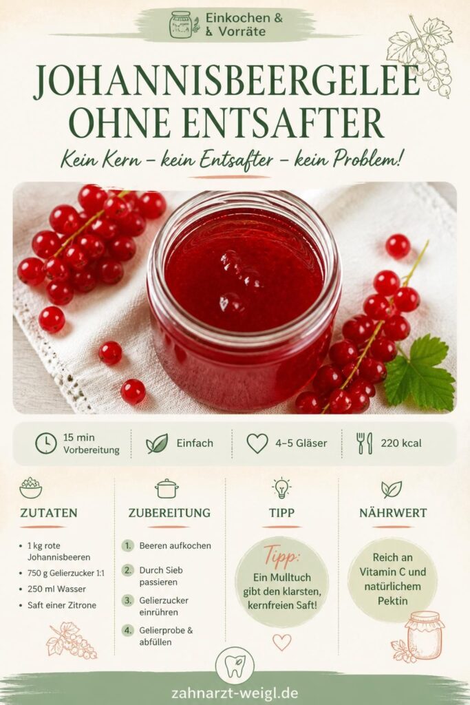 Johannisbeergelee ohne Entsafter – rubinrot und klar im Glas, mit frischen roten Johannisbeeren
