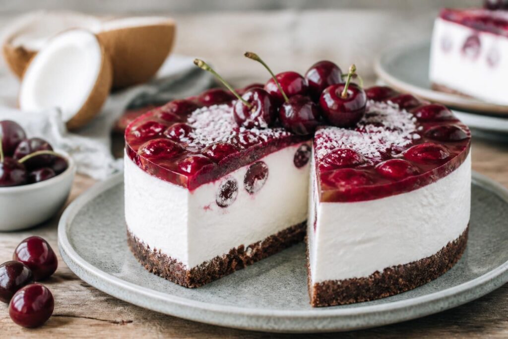 Kokos-Kirsch-Torte ohne Backen auf einem weißen Kuchenteller, mit Kokosraspeln und Sauerkirschen dekoriert, Schnittansicht zeigt drei saubere Schichten