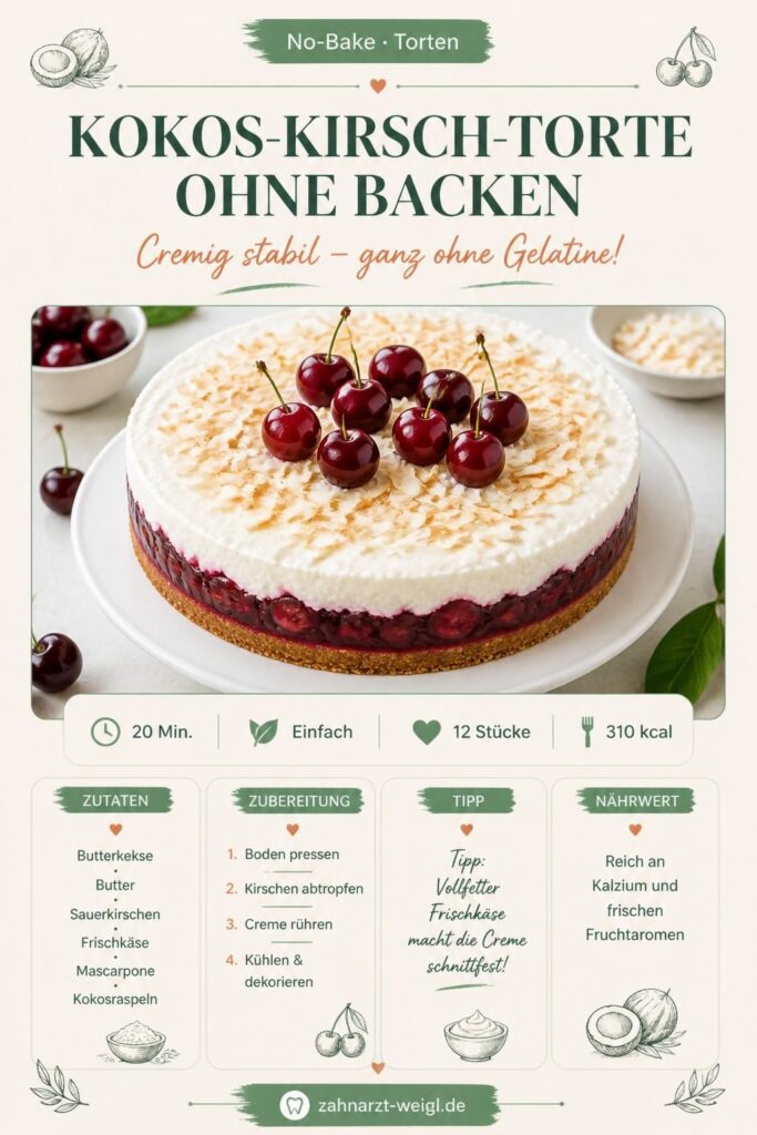Kokos-Kirsch-Torte ohne Backen – Pin mit Zutaten und Schritten