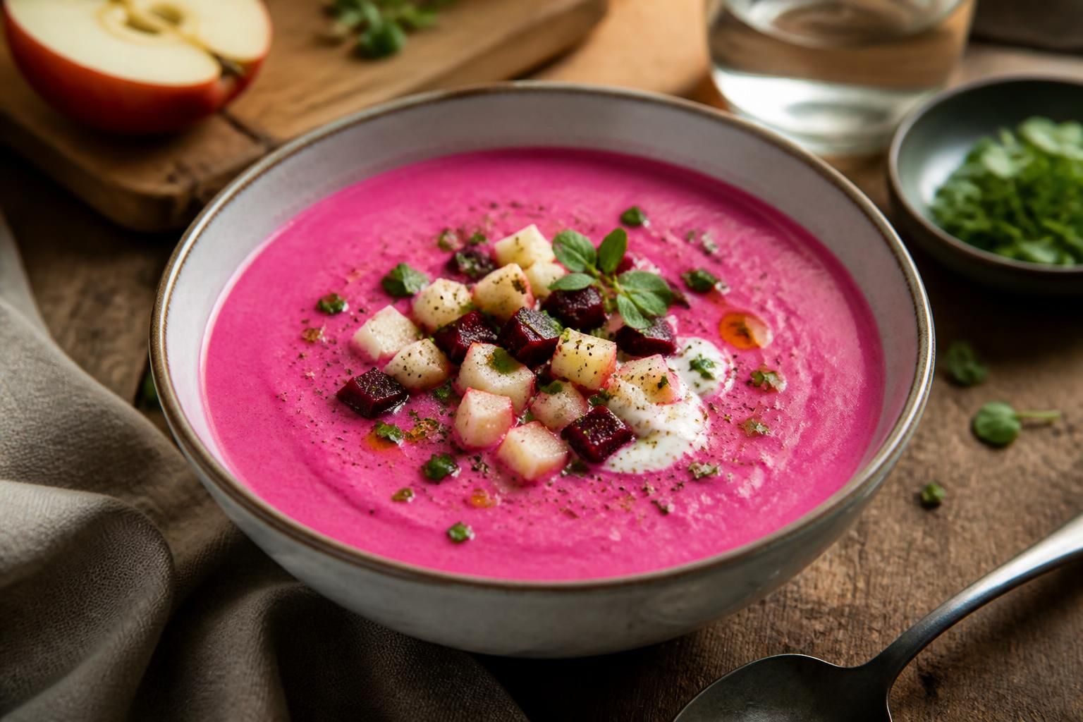 Kalte Rote-Bete-Joghurtsuppe mit Apfel, das leichte 10-Minuten-Rezept überrascht beim ersten Löffel