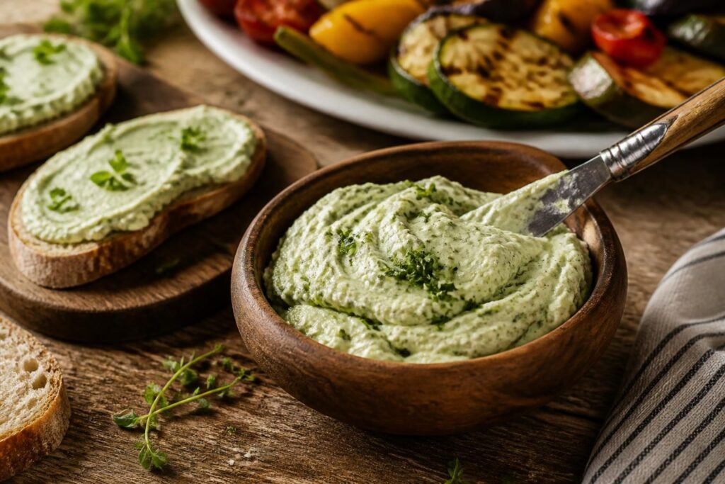 Kalte Zucchini-Creme mit Frischkäse in einer weißen Schale, garniert mit frischen Kräutern und serviert mit Brotscheiben