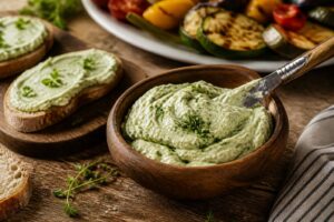 Kalte Zucchini-Creme mit Frischkäse in einer weißen Schale, garniert mit frischen Kräutern und serviert mit Brotscheiben